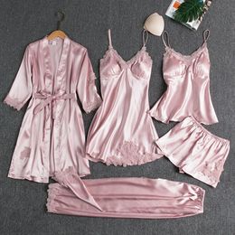 5 -st zijden gewaad slaappak dames kanten satijnen pyjama jurk set vneck cami nachtjes dragen pijama home nachtkleding voorjaar nachtdress 240412