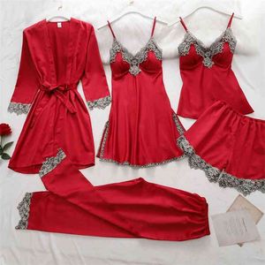 5pc Silk Robe Sleep Slewing Womens Lace Satin Pyjamas Robe Set V-Neck Cami Nighties Portez Pijama Home Nightwear Spring Night Dress 210809