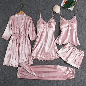 5pc Silk Robe Sleep Slewing Womens Lace Satin Pyjamas Robe Set Vneck Cami Nighties Portez Pijama Home Nightwear Spring Night Dress 240410