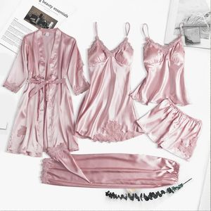5pc Silk Robe Sleep Slewing Womens Lace Satin Pyjamas Robe Set V-Neck Cami Nighties Portez Pijama Home Nightwear Spring Night Dress 240415