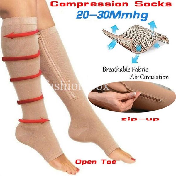 5PC Calcetines Calcetería Calcetines de compresión Calcetines hasta la rodilla médicos Antifatiga Medias elásticas Hombres Mujeres Soporte Cremallera Calcetines Mujer Punta abierta Calcetines finos Z0221