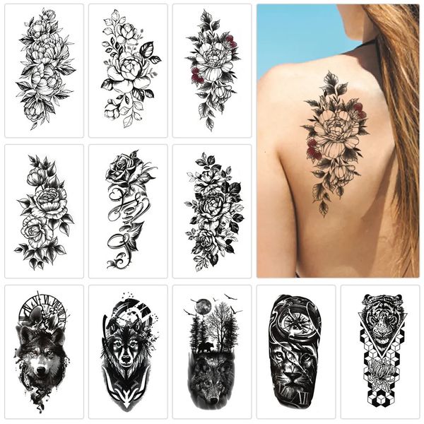 5PC tatouages temporaires 10 feuilles autocollants mixtes pour femmes et hommes tigre loup Lion fleur faux autocollants d'art corporel 231018
