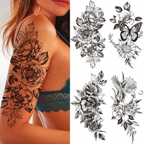 5 unid tatuajes temporales gran rosa impermeable tatuaje flor mariposa pájaro hipster moda mujer falso cuerpo brazo pegatina hombre tatoo arte pierna tótem 231018