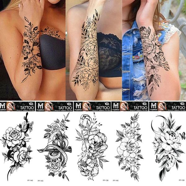 5 unid tatuajes temporales flor sexy para mujeres arte corporal pintura brazo piernas pegatina falsa rosa impermeable moda 231018