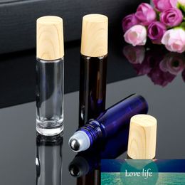 5 stks 10 ml roller flessen roestvrij stalen roller bal glas etherische olie fles hout graan cover Draagbare parfumcontainers