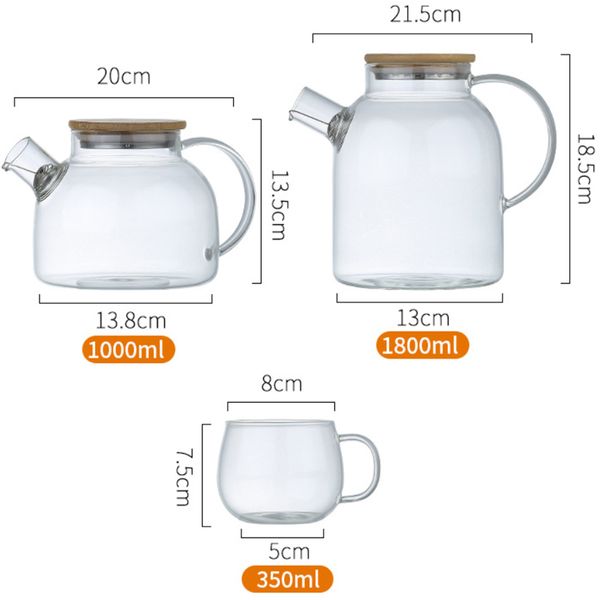 5pcs 1L/1.8L Copa de tetera de vidrio transparente Conjunto de té de flor de gran capacidad resistente al calor Botella de agua Kung Fu Kettle