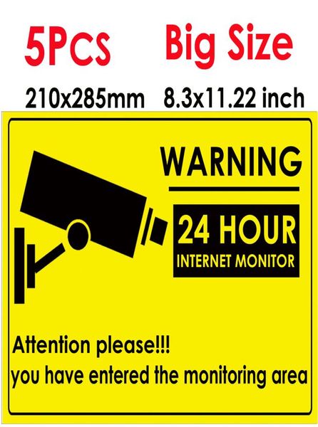 5 PPCS 24 horas CCTV Security Camera Sistema de advertencia de advertencia Vigilancia de calcomanía CCTV Camera Video Advertencia de advertencia Gran tamaño 285x3699587
