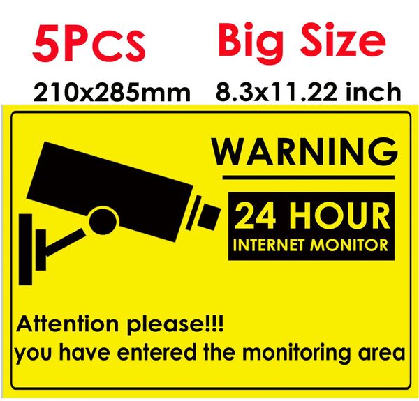 5 PPCS 24 horas CCTV Security Camera Sistema de advertencia de advertencia Vigilancia de calcomanía CCTV Camera Video Advertencia de advertencia Gran tamaño 285x8723402