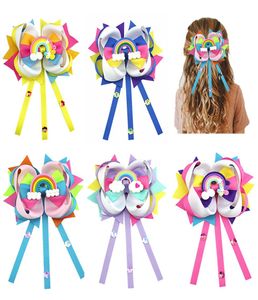 5 stcs 55039039 Big Rainbow Hair Bow met clip Unicorn Grosgrain Ribbons Hairclips voor meisjes3338991