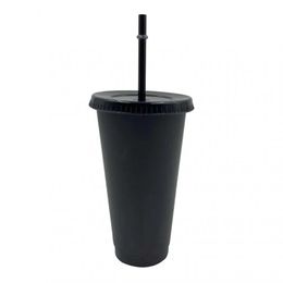 5 stks 700ml Zwart Herbruikbaar Plastic Waterfles Koude Kop met Deksel en Stro Magic Tumbler koffiemok Gepersonaliseerd