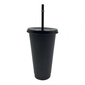 Bouteille d'eau en plastique réutilisable noire de 700ml, 5 pièces, tasse froide avec couvercle et paille, gobelet magique, tasse à café personnalisée