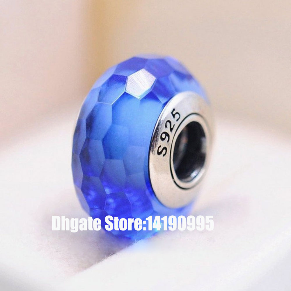 2 Stück 925 Sterling Silber blau faszinierende facettierte Murano-Glasperlen für Pandora-Stil-Schmuck, Charm-Armbänder und Halsketten