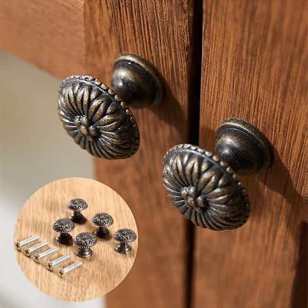 5 piezas de joyero de latón antigüedades de latón manejo de manejo de manejo de armario de armario de armario de patrón de flor para caja de madera con tornillos