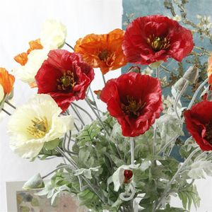 Grande fleur de pavot artificielle avec feuilles, 5 pièces, fausses fleurs artificielles pour automne, décoration de fête à domicile, couronne de fausses fleurs en soie 212j