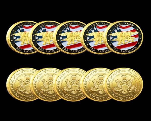 5pcs Arts et artisanat US Army Army Gold plaqué Souvenir Coin USA Land Sea Land Air of Seal Team Change Coins Département Navy Military Badg9073427