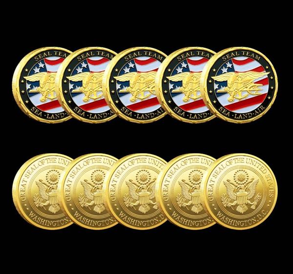 5pcs Arts et artisanat US Army Army Gold plaqué Souvenir Coin USA Land Sea Land Air of Seal Team Change Coins Département Navy Military Badg7437654
