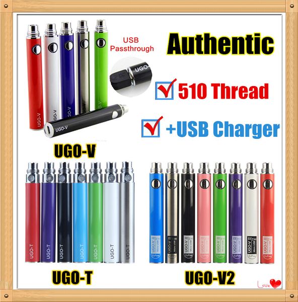 MOQ 2 piezas auténtica UGO V 510 Vape batería EVOD eGo T 650 900 1100 mAh vaporizador pluma con cargador micro USB cartuchos aptos