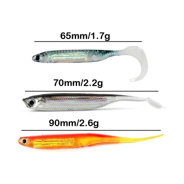 5 unids/bolsa pesca Arco Iris cebo suave cola T pez realista lentejuelas columpio pesca Spinner cebos gusano suave señuelos agua salada agua dulce para lubina