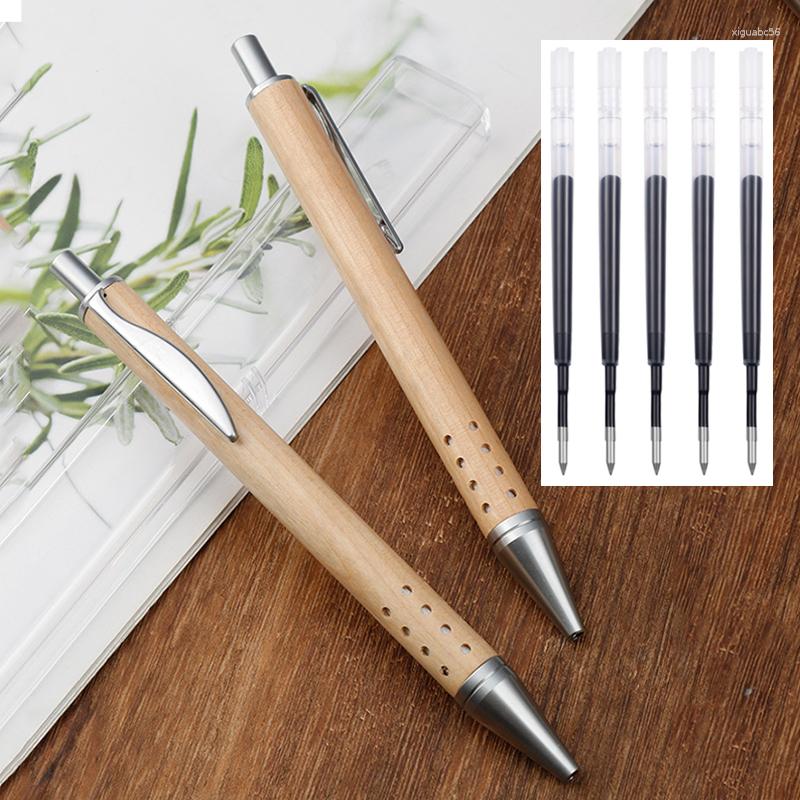 5pcs penne a sfera in legno di bambù ricariche sostituibili punta da 0,7 mm inchiostro nero firma penna ufficio scuola scrittura forniture di cancelleria