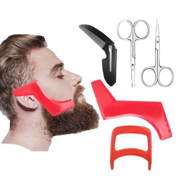 5pcs Barbe Suit de la barbe outil de soins de la barbe Règle de modélisation de l'outil de forme de barbe, Shaper, ciseaux à tête ronds, ciseaux pointus, peigne