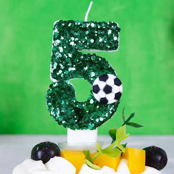 5pcs Bougies Green Football Candle Deccor d'anniversaire Cake Sparkling Digital Gâteau Topper Topper Baking Birthday Party Deco Decoration Fournitures