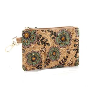 Porte-monnaie en liège pour femmes, 5 pièces, impression de fleurs, portefeuille court avec clé, mélange de couleurs