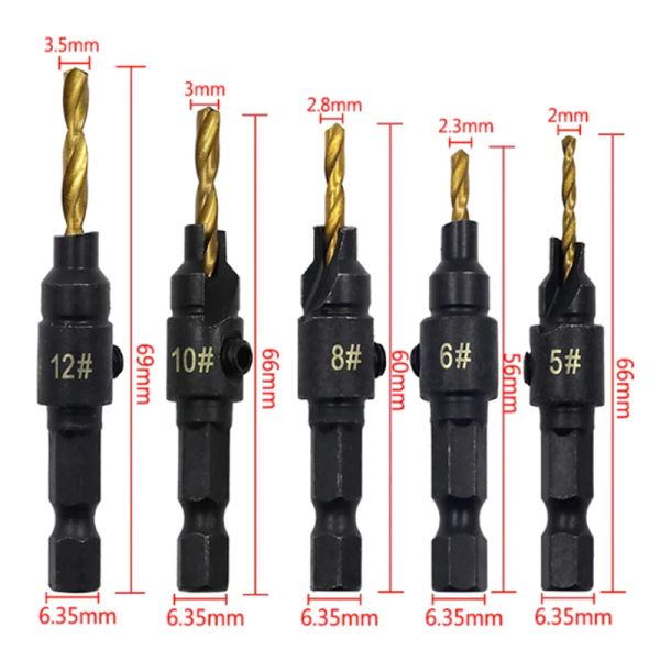 5pcs Countersink Drill Bit Bit Reamer Reamer Woodworking Chafling Taladro Controlador Pliot Tornillo de corte Tornillo Herramientas de carpintería de carpintería