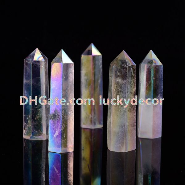 Lot de 5 anges craquelés Aura arc-en-ciel quartz bismuth titane cristal de silicium autoportant 6 facettes tour obélisque figurine sphère, 7,6 - 8,9 cm