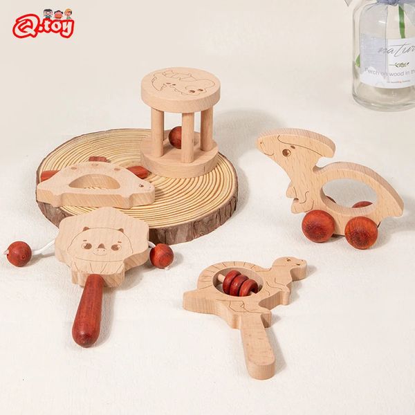 Juego de 5 uds de juguetes de instrumentos musicales de dinosaurio de madera Chocalho Handshaker Bell música educativa Montessori para niños regalo 240131