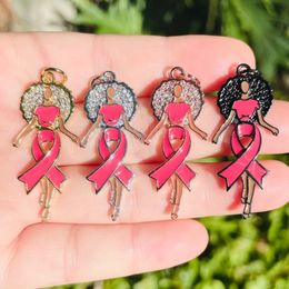 5pcs Ribbon rose enconal Afro Black Girl Charms Zirconia Pave Cancer du sein Pendants Pendants pour les femmes Bracelet Collier Faire 240514