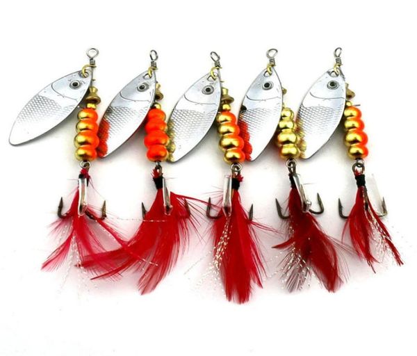 5PCS feder angelhakenRooster Schwanz Angeln Spinner Löffel Köder Drehbare Inline Bass Trout Fishing Tackle Köder 75CM12G Sp6802831