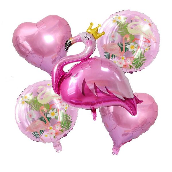 Ensemble de ballons flamant rose, 5 pièces, ballon rond en forme de cœur, bleu, rose, en aluminium, décoration hawaïenne, ballon gonflable, fournitures de fête d'anniversaire et de mariage