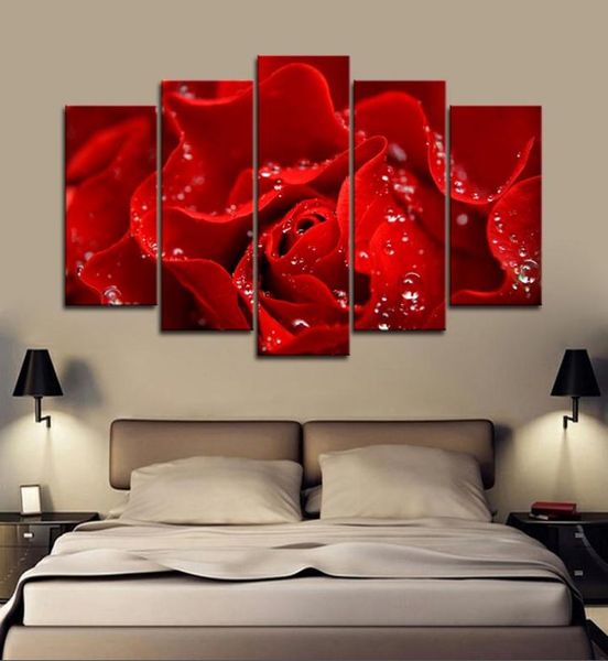 5 uds. Arte de pared enmarcado flor rosa roja imágenes artísticas de pared para decoración de dormitorio carteles e impresiones lienzo pintura 7164113