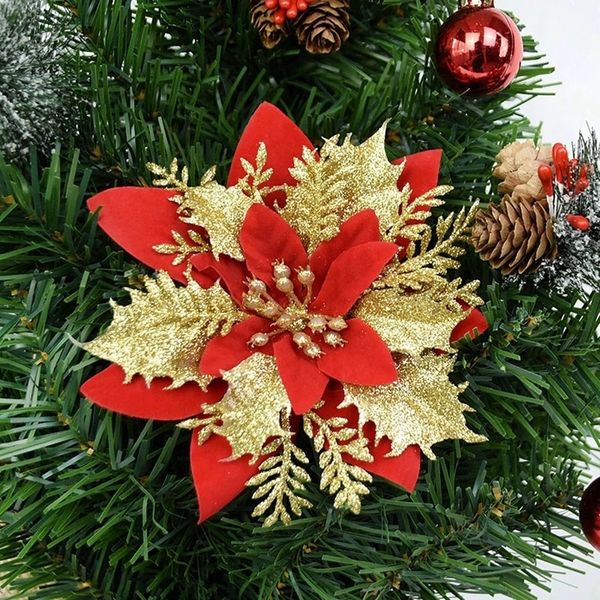 5pcs paillettes artificielles fleurs de noël arbre de noël décorations ornements joyeux pour la maison année cadeau Y201020