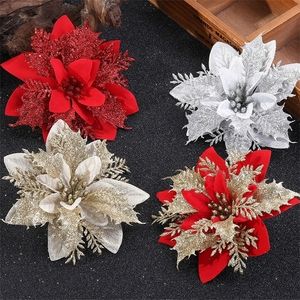 5pcs Glitter Fleur Artificielle Faux Poinsettia Fleurs Arbre Ornement Joyeux Noël Décoration Année Décor Y201020