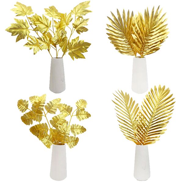 5 piezas de oro hojas de palma artificiales eucalipto hojas de hojas artificiales para decoración de la mesa fiesta de cumpleaños de la boda decoración del hogar