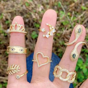 Anillos de dedo para nudillos de zirconia cúbica para mujer, 5 uds., corona de corazón pavimentado de oro con circonitas cúbicas, joyería 2021