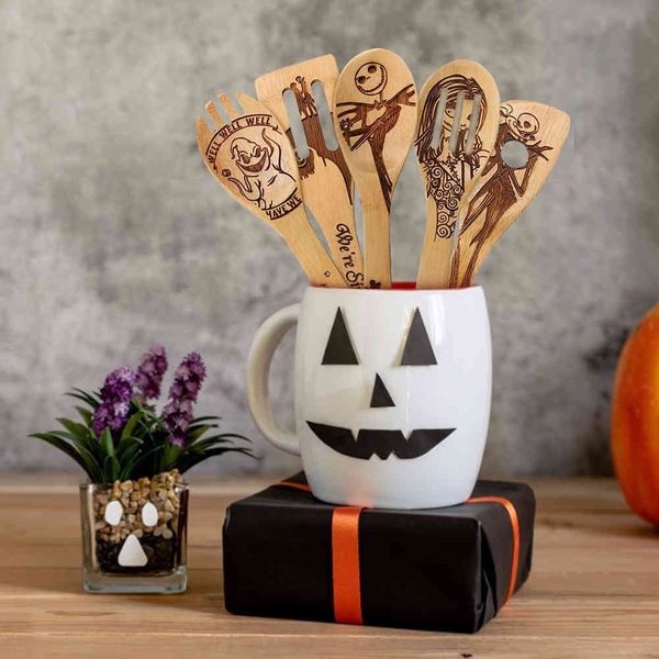 5 pièces Halloween bambou bois Wok fendu spatule cuillère support de mélange ustensiles de cuisine dîner cuisine pelles fournitures déco