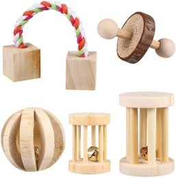 5PCS Hamster Kauwspeelgoed Natuurlijk Houten Speeloefening Bel Roller Tandenverzorging Molair Speelgoed voor Konijnen, Ratten, Gerbils en andere kleine dieren