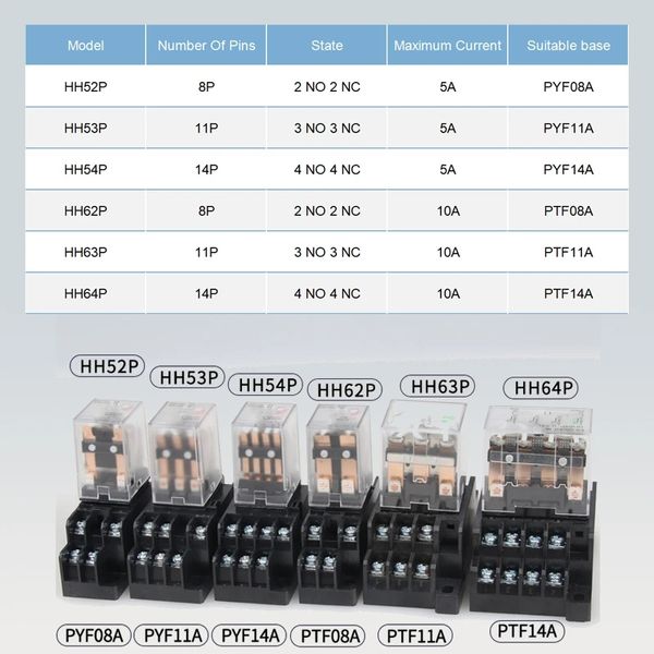 5pcs HH64P Relé de alta potencia Bobina general DPDT Micro electromagnético Interruptor con base AC110V 220V DC12V 24V 36V 36V