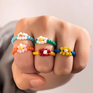 Anillo de flores con cuentas bohemias coreanas de 5 uds para mujer y niña, anillos de cuentas pequeñas hechos a mano a la moda, regalos de joyería para fiesta en la playa