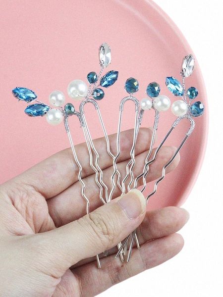 5pcs épingles à cheveux bleu clair pour femmes Rhineste Head bijoux à la main de mariage à la main