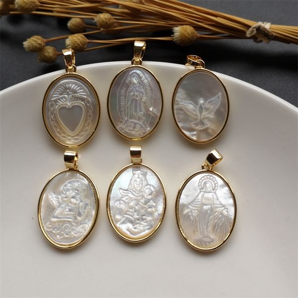 5 pièces/lot 16x24mm naturel saint esprit dame avec bébé coquille pendentif sacré coeur mère perle breloques pour collier