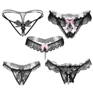 5 teile/los 5 Stil Schwarz Farbe Perle Höschen Frauen Unterwäsche Sexy G String Spitze Thongs Niedrige Taille Bowknot Saiten 211222