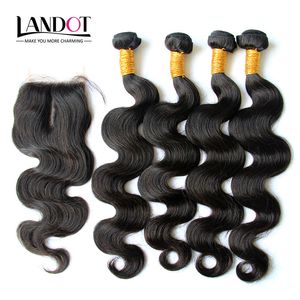 Cambodjaanse Body Wave Virgin Menselijk Haar Weeft 4 Bundels met Kantsluiting 5 stks / partij Onverwerkte Cambodjaanse Lichaam Golvend Haar en Afsluitingen 4 * 4 Grootte