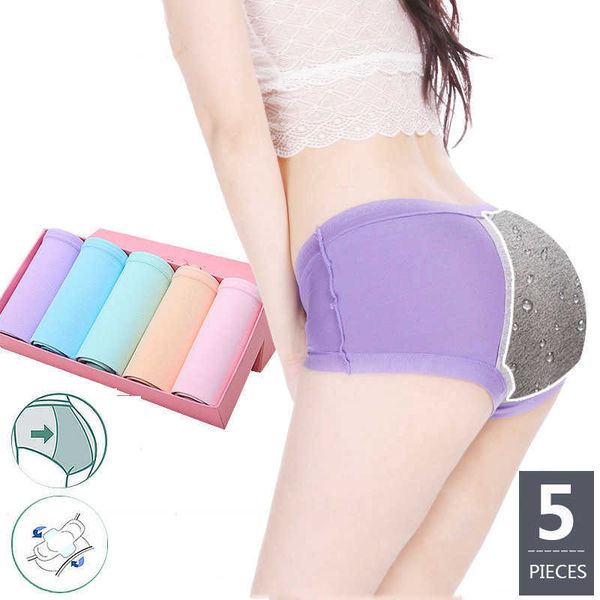 5pcs / lot coton femmes pantalons physiologiques étanches période menstruelle culottes sous-vêtements doux santé doux slips pour femmes 210720