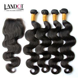 5pcs Lot Indian Body Wave Virgin Menselijk Haar Weeft 4 Bundels met Kantsluiting Onverwerkte Indiase Haar Topsluitingen 4 * 4 Grootte Natuurlijke Kleur