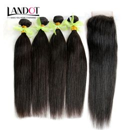 5pcs Lot Indian Straight Virgin Hair Weefs met Kantsluiting Onverwerkte Remy Indiaas Menselijk Haar 4 Bundels en sluitingen Gratis / Midden / 3 Deel