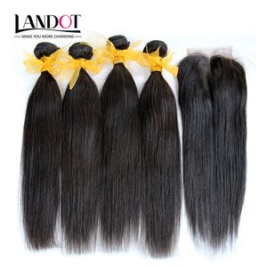 5pcs / lot malaisiens droites vierges de cheveux humains tisse avec fermeture à lacet cheveux raides malaisiens non transformés 4 faisceaux et fermetures doux complet