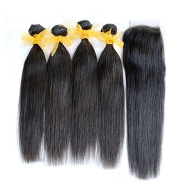 5Pcs / Lot Malaisien Droite Vierge Cheveux Humains Avec Fermeture 8A Cheveux Non Transformés Tisse 4 Bundles Ajouter 1Pc Fermetures En Dentelle Naturel Noir Teintable